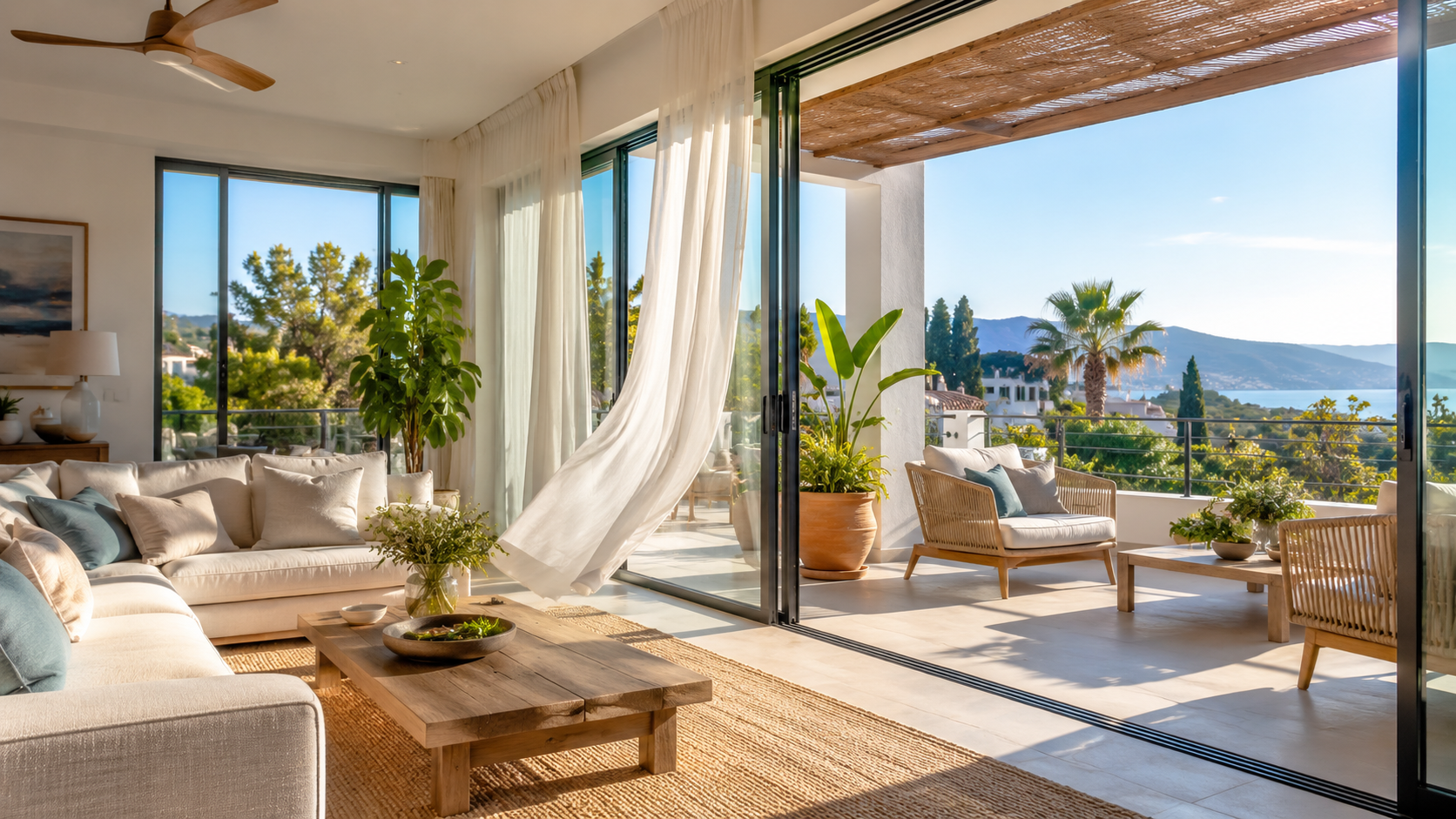 Salón mediterráneo con terraza luminosa comprar inmueble en verano y analizar su confort